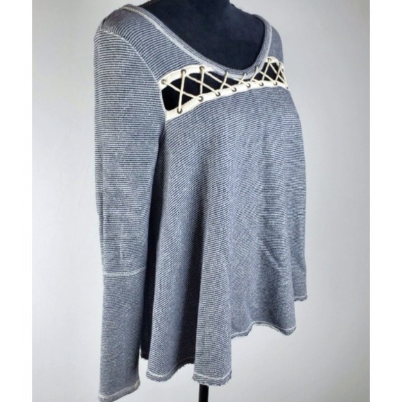 Free People Tops - Free People Swing Lace Up Sweatshirt Women's Size Small Navy Blue Ivory Striped